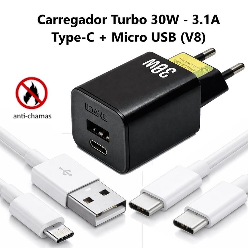 Carregador Rápido 30W p/ Celular Tipo C e Micro USB V8 Turbo